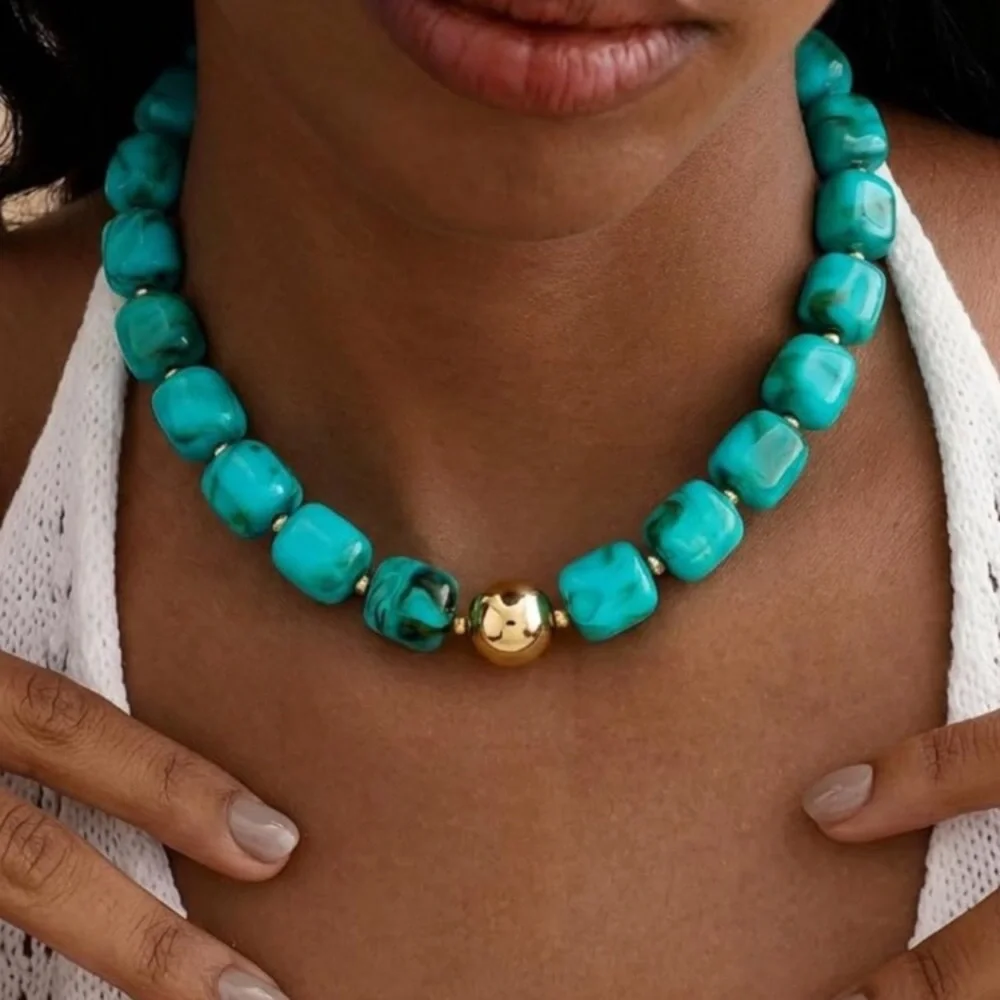 14k Gold Plated Turquoise Marbled Dopamine Beaded Necklace with Gold Accent new